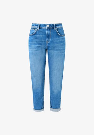 Sinised kõrge vöökohaga teksapüksid, millel on üleskääritud mansetid, esiküljel nööp, lukk ja taskud, kuvatud valgel taustal.