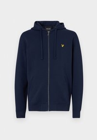 Sudadera con cremallera de color navy, hecha de una tela suave, con un bolsillo delantero, cordones y un pequeño logo dorado en el lado izquierdo del pecho.