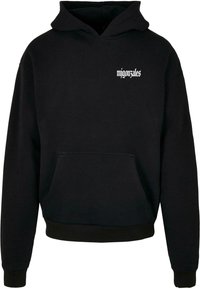 Black hooded sweatshirt with a front pocket. Features a white logo text on the chest. Made from soft, textured fabric with ribbed cuffs.
