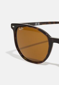 Occhiali da sole Ray-Ban con tonalità marrone e montatura tartarugata, caratterizzati da una forma classica e logo argentato sulla parte superiore.