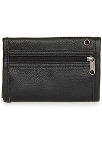 Black leather wallet with a textured surface, featuring a zippered pocket, silver zipper hardware, and a grommet detail on one side.