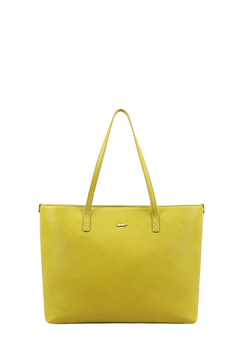 Geel leren tote bag met twee schouderbanden, zachte textuur, rechthoekige vorm en een kleine metalen accent aan de voorkant.