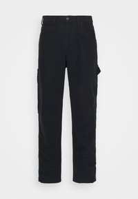 Pantalon cargo noir à coupe droite, fabriqué en coton durable. Comprend des poches latérales et une fermeture par bouton à la taille.