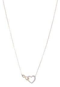 Colar de ouro rosé com um símbolo do infinito entrelaçado com um coração, realçado por pequenas pedras preciosas claras ao longo do contorno do coração.
