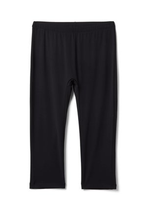 Leggings noirs courts avec taille élastique, tissu lisse, jambes droites et sans logos ou motifs visibles.