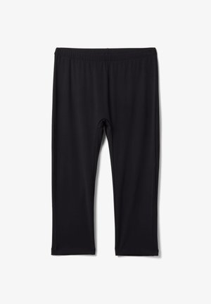 Zwarte cropped leggings met elastische tailleband, gladde stof, rechte pijpen en zonder zichtbare logo's of patronen.