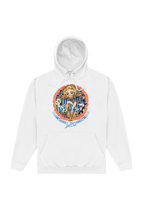 Biała bluza z kapturem z kolorową grafiką przedstawiającą postać, dwa zwierzęta oraz tekst otoczony wzorem płomieni. Kieszeń kangurza z przodu.