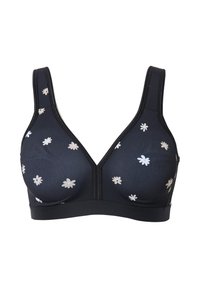 Sujetador negro con diseño en forma de V, que presenta ligeros patrones florales. Fabricado en tejido suave con tirantes anchos y costuras en contraste.