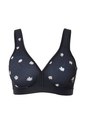 Zwarte bh met een v-hals ontwerp, voorzien van lichte florale patronen. Gemaakt van gladde stof met brede bandjes en contrasterende stiksels.