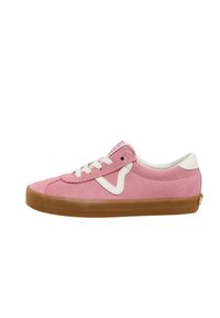Zapatillas de ante rosa con acentos en blanco, punta redonda y suela plana de goma marrón. Presenta cordones blancos y un logo en la lengüeta.