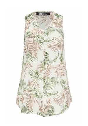 Blusa bianca senza maniche con stampa di foglie tropicali verdi e marroni e colletto a V, taglia UK 18.