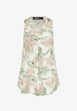 Ærmeløs hvid bluse med grønne og brune tropiske bladprint og V-udskæring, størrelse UK 18.