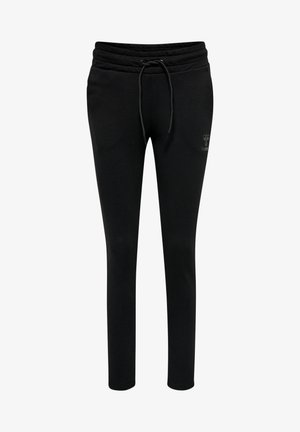 Pantalones jogger negros con cintura elástica, piernas ajustadas y textura suave; presenta un pequeño logo de la marca en el lado izquierdo.