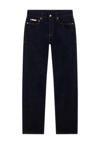 Mörkblå jeans av denim med rak benform, minimalistiska sömnadsdetaljer och en framficka med en märkesetikett.