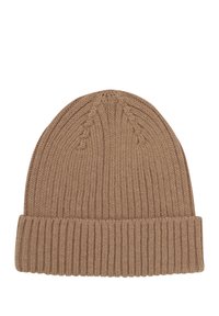 Brown knitted beanie with a ribbed texture, featuring a folded cuff and rounded top with subtle stitching details.