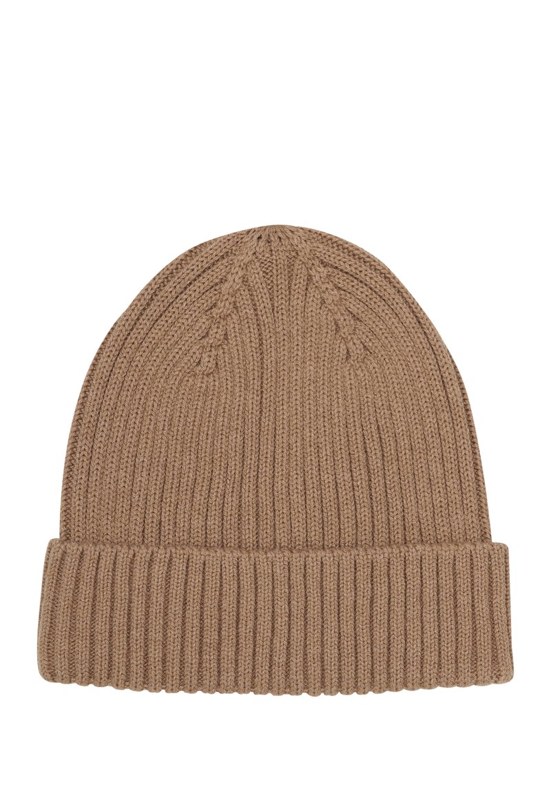 Brown knitted beanie with a ribbed texture, featuring a folded cuff and rounded top with subtle stitching details.