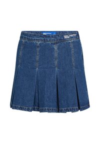 Džínová skládací sukně v tmavě modré barvě s pasem s označením značky. Viditelné stehy a uvolněný, rozšířený design.