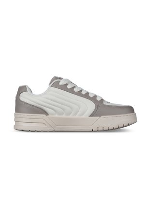 Gray and white sneaker with a sleek design, textured lateral panels, and a rubber sole. Features white laces and minimalist branding accents.
