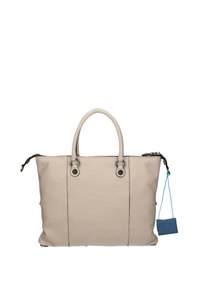 Borsa tote in pelle beige con due manici, hardware argentato e cuciture nere; include un'etichetta blu piccola attaccata.
