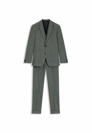 Grau kariertes Anzug mit einem Ein-Knopf-Jackett, Reverskragen und zwei Fronttaschen; gerade Hosen mit hochgekrempeltem Saum.