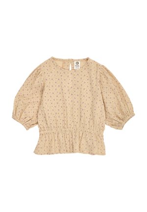 Beige blouse met kleine paarse bloemenprint, pofdriekwartmouwen, ronde halslijn, elastische taille en achterkant met knoopsluiting en sleutelgat.