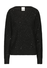Black sweater with a V-neck, featuring a textured fabric and scattered silver sparkles across the surface. Long sleeves, relaxed fit.