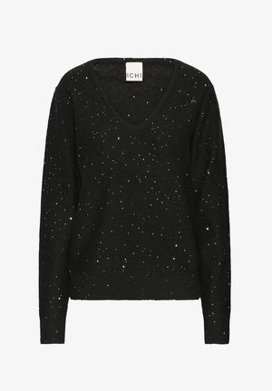 Black sweater with a V-neck, featuring a textured fabric and scattered silver sparkles across the surface. Long sleeves, relaxed fit.