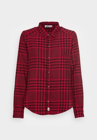 Red and black plaid flannel shirt with buttons, a collar, and long sleeves. Features various checkered patterns and textured fabric.