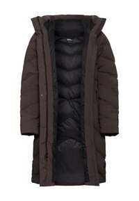 Bruine pufferjas met een capuchon, voorzien van een ritssluiting, zijzakken en een doorgestikt patroon. De binnenkant is zwart en laat details van isolatie zien.