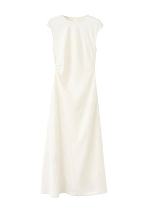 Mouwloze, lange jurk tot op de vloer in wit, met een ronde halslijn, subtiele textuur en een minimalistisch ontwerp met een achtersluiting.