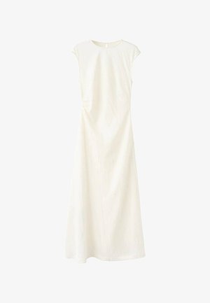 Mouwloze, lange jurk tot op de vloer in wit, met een ronde halslijn, subtiele textuur en een minimalistisch ontwerp met een achtersluiting.