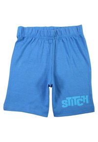 Shorts en coton bleu avec une ceinture élastique, de couleur unie, avec le logo "STITCH" imprimé en bleu clair sur le côté inférieur gauche.
