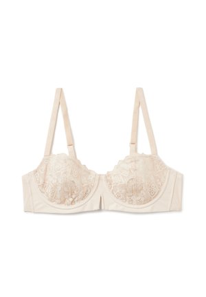 Beżowy stanik z fiszbinami, ozdobiony koronką w kwiatowy wzór na miseczkach. Gładka tkanina na dolnym pasku i regulowane ramiączka. Klasyczny design.