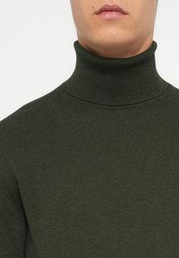 Pulover cu guler înalt de culoare verde închis, realizat din țesătură cu caneluri. Design ajustat cu un guler înalt. Textură netedă cu cusături subtile.