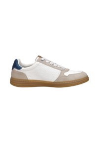 Weiße perforierte Sneakers mit beige und marineblauen Akzenten, Obermaterial aus strukturiertem Leder, runde Zehenpartie, Schnürdesign und Sohle aus Gummi.