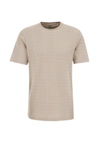 Beige csíkos póló rövid ujjakkal és kerek nyakkivágással. Puha pamut keverékből készült, vízszintes vonalakkal, különböző szélességekkel.