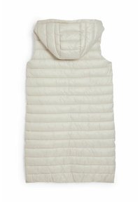 Jasno beżowa, pikowana kamizelka bez rękawów z kapturem i poziomym przeszyciem, pokazana z tyłu na białym tle.