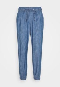 Blauwe chambray joggerbroeken met elastische taille, trekkoord, voorzakken en elastische boorden bij de enkels.