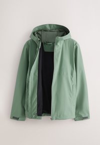 Hellgrüne Kapuzenjacke mit glatter Außenseite, schwarzer Innenfutter und verstellbaren Manschetten. Verfügt über einen durchgehenden Reißverschluss und ein schlichtes, funktionales Design.