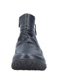 Blue leather ankle boot with a textured black rubber sole, featuring a gathered upper design and a side zipper for easy wear.