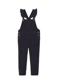 Dark navy corduroy overalls featuring a ruffled strap design, four pockets, and brown button accents. Slim-fit legs with a soft texture.