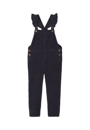 Dark navy corduroy overalls featuring a ruffled strap design, four pockets, and brown button accents. Slim-fit legs with a soft texture.