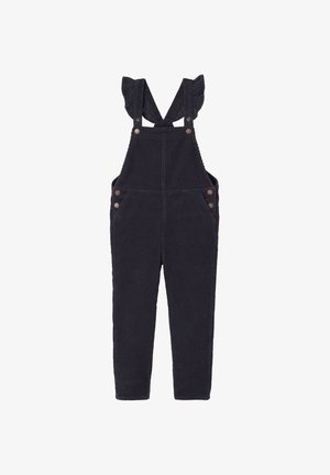 Dunkelblaue Corduroy-Latzhosen mit einem Rüschenträgerdesign, vier Taschen und braunen Knopfakzenten. Schmal geschnittene Beine mit einer weichen Textur.