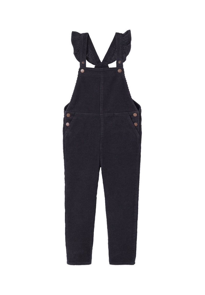 Dark navy corduroy overalls featuring a ruffled strap design, four pockets, and brown button accents. Slim-fit legs with a soft texture.