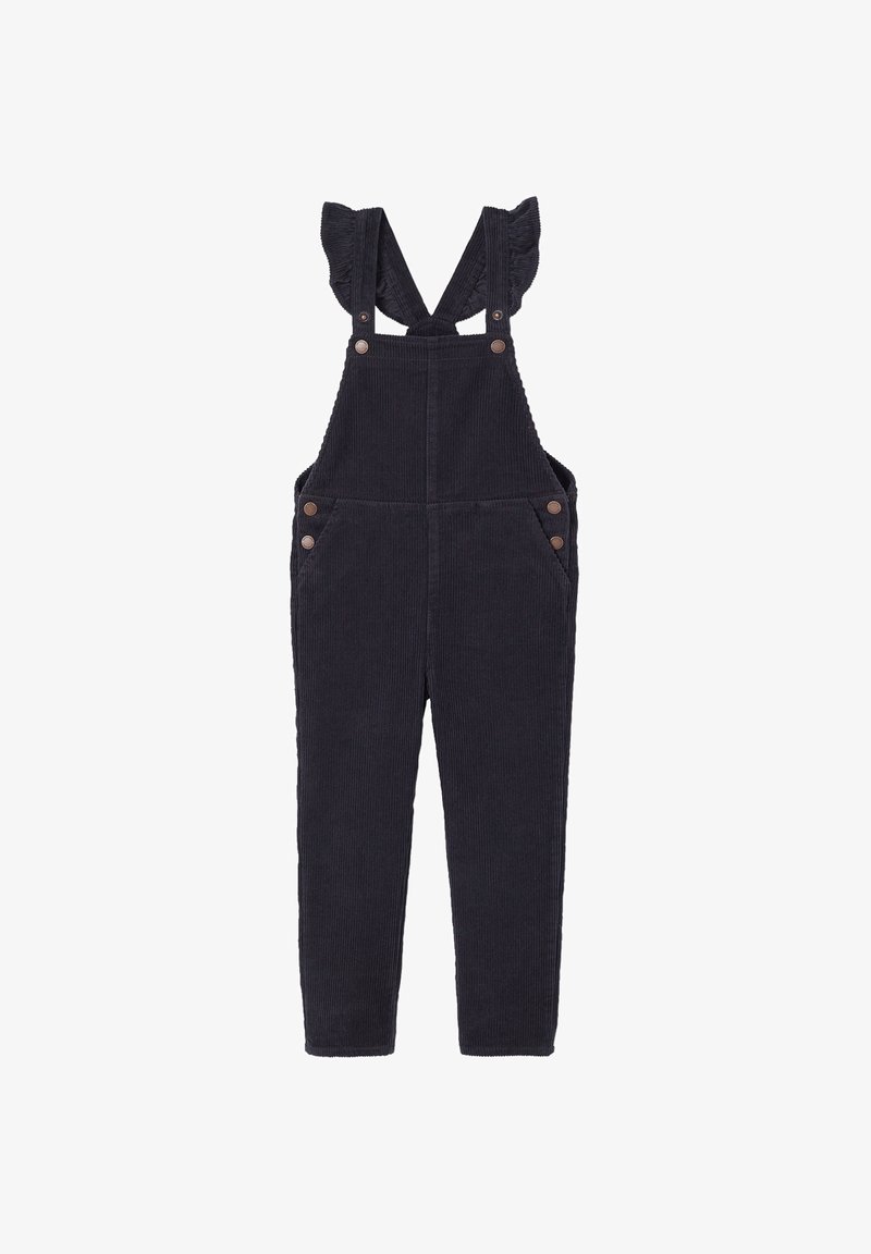 Dark navy corduroy overalls featuring a ruffled strap design, four pockets, and brown button accents. Slim-fit legs with a soft texture.