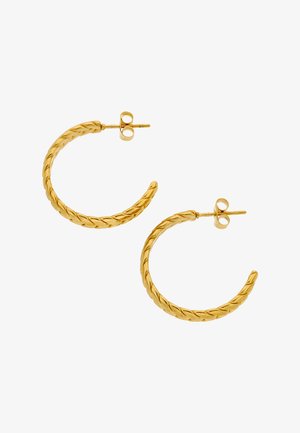 Paar goldfarbene Creolen mit gedrehter Seilstruktur und Steckverschluss vor weißem Hintergrund.