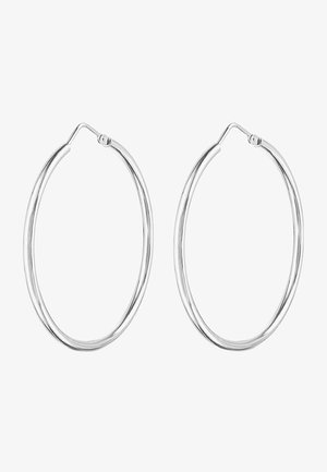 Silberne Creolen mit einer glatten, runden Form, schlankem Profil und einem sicheren Verschluss. Die Oberfläche ist poliert für einen reflektierenden Glanz.