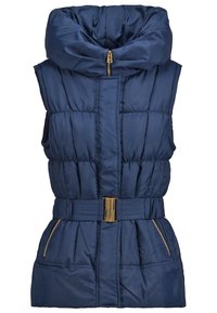 Mörkblå, ärmlös pufferväst med hög krage, bälte i midjan och guldfärgad detaljering. Innehåller fickor med dragkedja och quiltad yta.