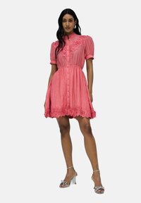 Vestido corto rosa con cuello alto, mangas abullonadas, tejido texturizado, bordados florales y dobladillo ondulado. Combinado con tacones plateados.