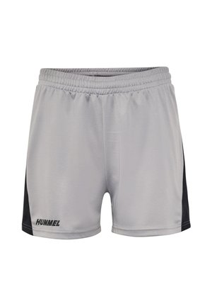 Shorts de sport gris avec des accents latéraux noirs, fabriqués en tissu léger et respirant. Comprend une taille élastique et un logo Hummel.